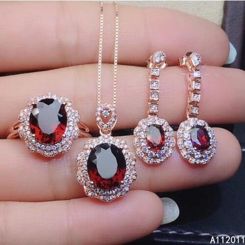 KJJEAXCMY Fine Jewelry 925 sterling silver inlaid natural garnet ring pendant earring set lovely supports test hot selling
