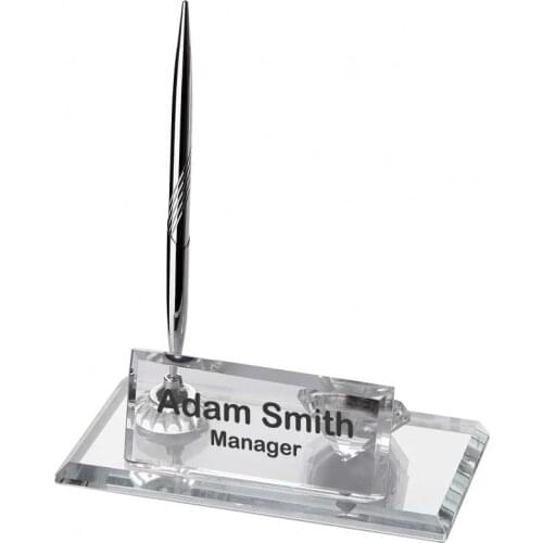 Crystal Glass Desk Name Plate and Pen Desk Stand Set - Personalized Name Plate, Crystal Clock, Custom Engraved Awards, Teachers