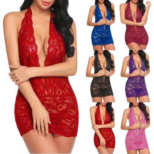 New Women Lace Teddy Plus Size Fashion Casual Lingerie Sexy Deep V Halter One Piece Bodysuit Nightdress Sexy Linger Dress