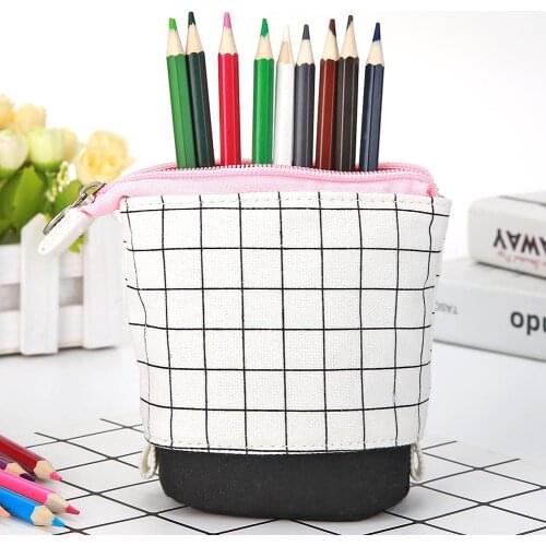 Simple Cosmetic Storage Bag Lattice Canvas Large Capacity Stationery for Student Vertical Feeling High Wear Resistance