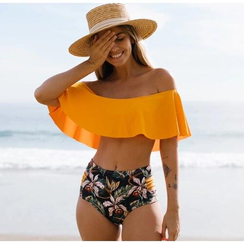 Sexy High Waist Bikinis 2021 New Print Swimwear Women Swimsuit Shoulder Ruffle Bathing Suits Beach Wear Push Up Biquini Female
