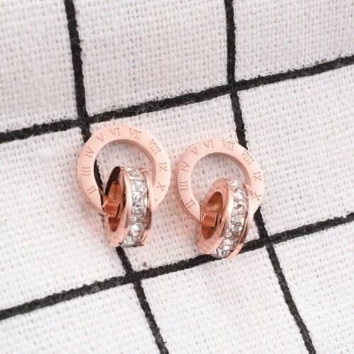 New Shiny Cubic Zirconia Roman Numerals Double Circle Stud Earrings Titanium Steel Rose Gold Engagement Wedding Earrings