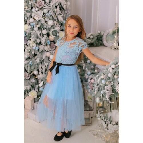 Light Blue Lace Flower Girls Dresses A Line Girls Lace Short Sleeve Dresses Vintage Blue Lace Girl Party Dresses Custom Custom