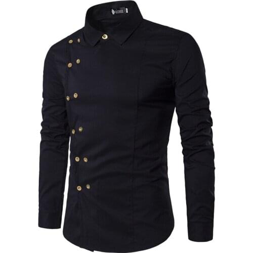 Spring Shirts Men Personality Oblique Breasted Men Long Sleeve Camisa Masculina Male Slim Fit Shirt Button Irregular Double