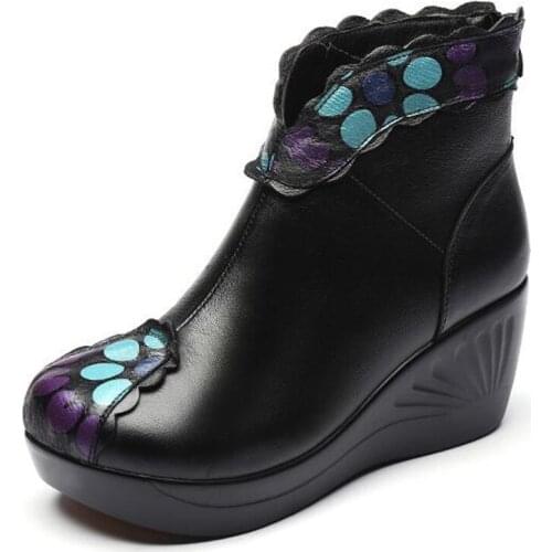 High End Printing Full Cowhide Leather Boots Autumn Boots Thick Bottom Wedges High Heel Boots Warm Winter Boots Snow Shoes New