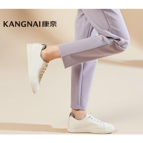 KANGNAI Women Shoes Split Leather Elastic Band Flats Lightweight Round Toe Sneakers Female Casual Shoes