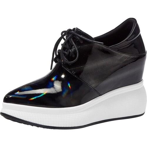 Womens Shoes Spring 2020 Womens Vulcanize Shoes Cow Patent Leather Pointed Toe Shoes Western Style Lace Up Women Shoes Pumps