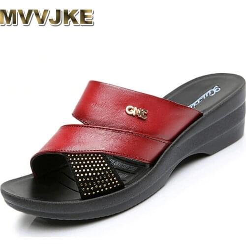 MVVJKE Women summer sandals shoes woman beach flat genuine leather rhinestone metal sandalias mujer2020 women shoes