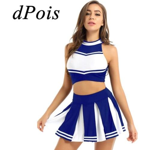 2Pcs Women Schoolgirls Cheerleader Costume Adults Cheerleading Uniforms Dress Up Outfit Sleeveless Crop Top + Mini Pleated Skirt