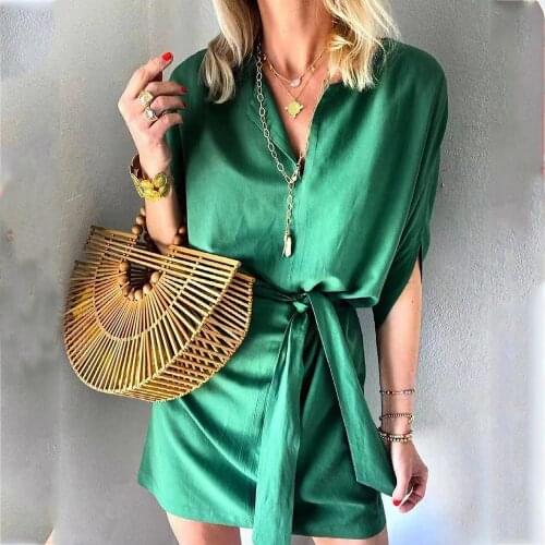 Elegant Ladies Dress Casual Summer Half Sleeve Office Women Vintage Clothes Fashion Belt Party Mini Dress Green Robe Femme 2021