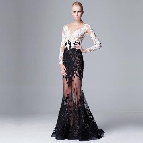 Vestido De Festa Longo Floor Length Long Sleeve Evening Lace Appliqued Sexy Prom Bead Formal gown mother of the bride dresses