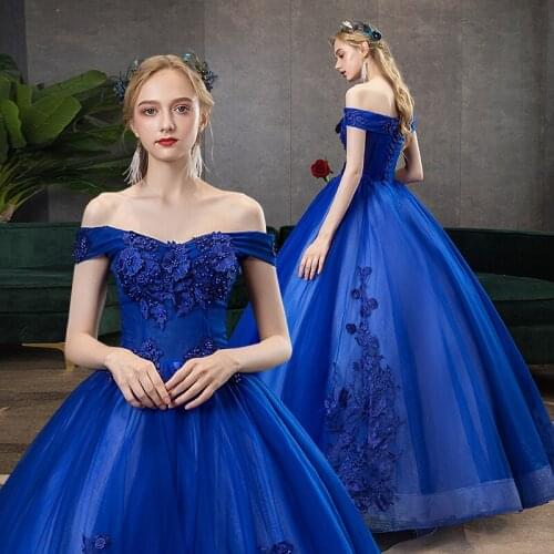 Royal Blue off shoulder lady girl women princess banquet party performace danceprom evening dress gown free shipping