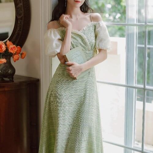 2021 Summer French Vintage Plaid Midi Dress Women Casual Short Sleeve Elegant Party Dress Female Retro Y2k One Piece Dress Korea