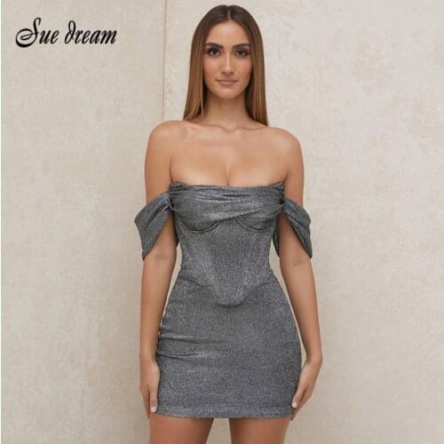 2021 Summer And Summer New Sexy One-Line Neck Silver Sequins Strapless Backless Waist Mini Dress Celebrity Party Banquet Dress