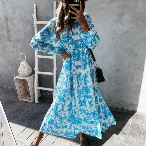 2021 Summer New Flower Print Loose Dress Fashion Lace-Up Drawstring V Neck Long Dress Women Elegant Long Sleeve Party Dress XXL