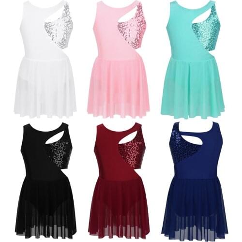 Kids Girls Sleeveless Shiny Sequins Asymmetrical Figure Ice Skating Dress Tutu Ballet Gymnastics Leotard Dance Costume