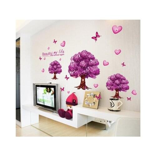 Purple tree love butterfly Flower Wall Sticker for TV sofa kindergarten living room Bedroom Home Decor wedding decoration AY9228