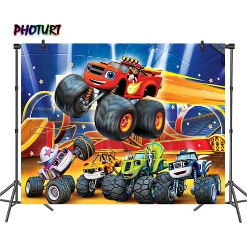 PHOTURT Blaze Monster Photography Backdrop Kids Birthday Background Red Racing Car Polyester Vinyl Photo Booth Props