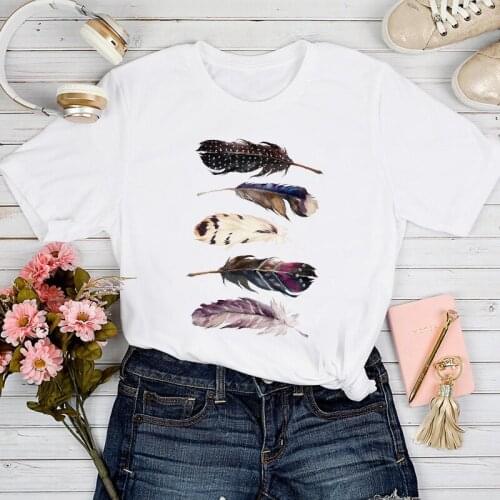 T-shirts Women Vintage Feather Printing Aesthetic Summer Spring 90s Tshirt Top Lady Stylish 2021 Print Clothes Tee T-Shirt