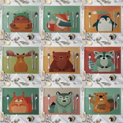 Cartoon Animal Pattern Table Mat Bear Elk Fox Squirrel Printing Table Napkin Placemat Kitchen Decoration Dining Accessories