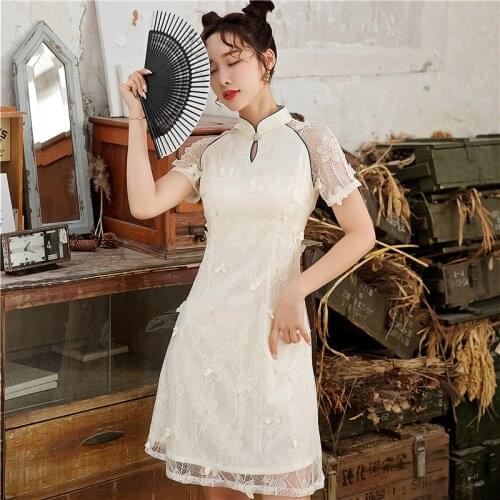 Small Fresh Girl Cheongsam Summer New Womens Short Sleeve Modified Version Young Lace Sweet Dress