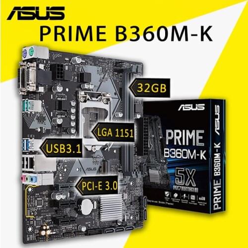 LGA 1151 Asus PRIME B360M-K Motherboard Support 8th/9th-Gen Core i7/i5/i3/ CPU DDR4 32GB PCI-E 3.0 M.2 HIFI B360 Placa-Mãe 1151