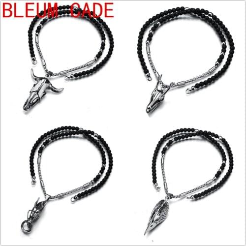 Men Punk Stainless Steel Mythical Dragon/Deer/Ox/Eagle Head Pendant Necklace Beads Chain Gothic Animal Head Lucky Jewelry