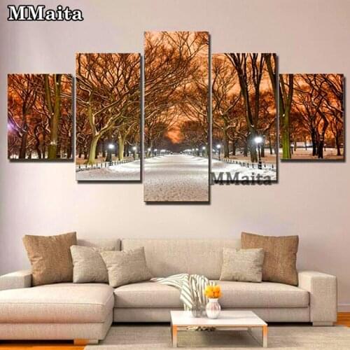 5 Panels 5D Diy Full Square Diamond Painting Tree Snow Night Multi-Picture Combination 3D Winter landscape Embroidery Kit GG5670