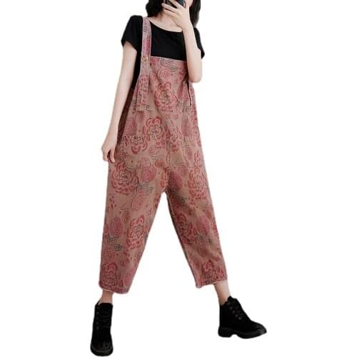 New Retro Printed denim overalls women loose large size nine-point wide-leg jumpsuit casual pants pocket cotton soft breathable