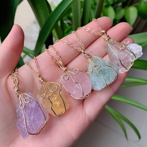 Natural Stone Pendant Wire Wrap Crystal Necklace Irregualr Nuggets Rock Quartz Pendulum Amethysts Fluorite Pink Crystal Necklace