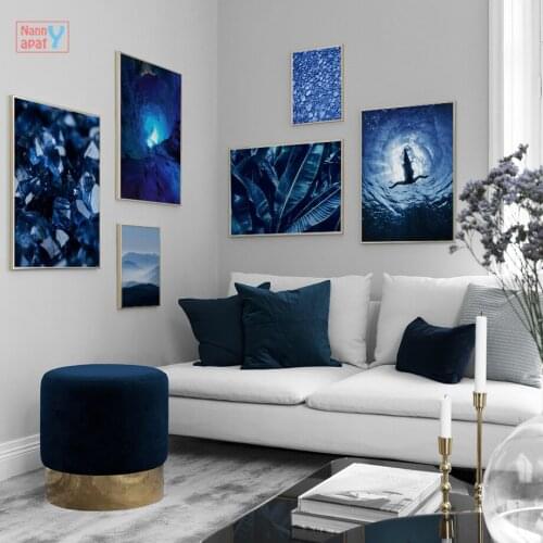 Blue Sea Poster Beautiful Art Wall Decor Girl Diving Crystal Cave Banana Leaf Nordic Posters and Prints for Living Room Decor