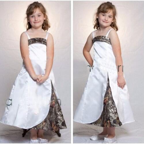 Spaghetti Strips A-Line Flower Girls Dress Camo Satin Cheap Sale Camouflage Kids Formal Party Gowns Formal Toddler Dresses