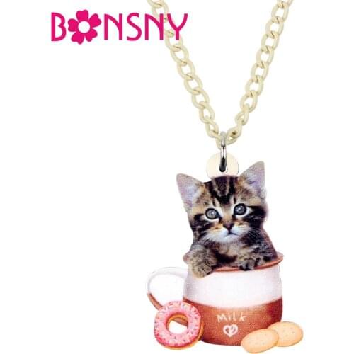 Bonsny Acrylic Cute Coffee Cup Cat Pendant Necklace Chain Choker Animal Pet Jewelry For Women Girls Kids Charms Lots Decoration