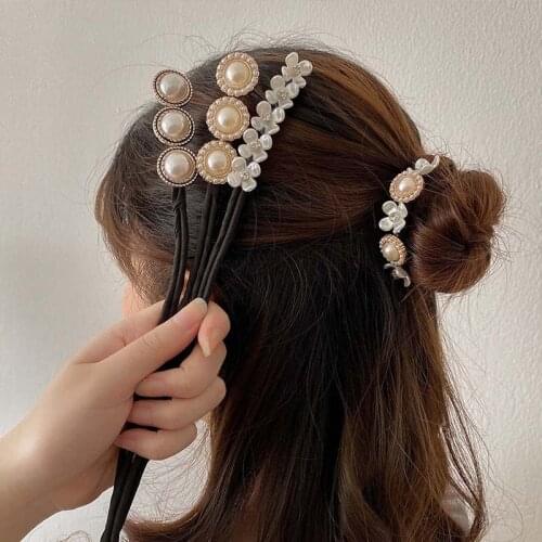 Woman Girls Elegant Pearl Pontail Band Hair Bun Maker Tool Girl Flower Hairstyle Donut Hair Accessories Braider Twist Headwear