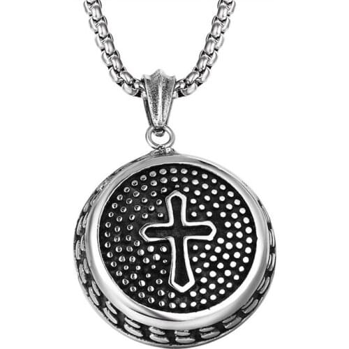 Retro Stainless Steel Round Religious Faith Cross Pendant Necklace Hip Hop Link Chain Necklace