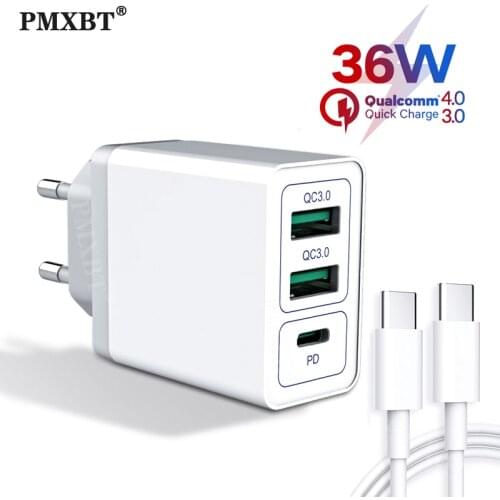 3 Ports USB PD Charger 36W Quick Charge 4.0 3.0 Fast Charger Mobile Phone Fast Charging Travel Wall Device EU US UK Plug Adapter