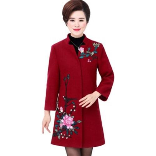 Middle-aged Womens Woolen Coat Winter Birdie Embroidered Long Sleeve Single-Breasted Woolen Jacket Coat Thick Mother Coat Women