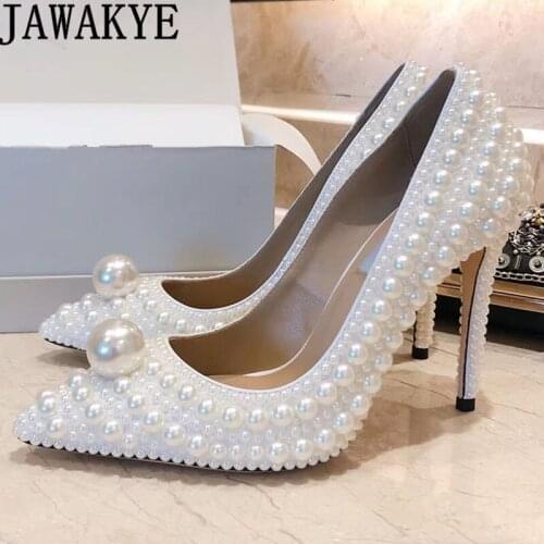 Top Quality Luxury Brand Wedding Shoes Women Ivory White Pearl Embellished High Heel Pumps Ladies Beautiful Bride Party Shoes