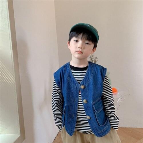 Autumn fashion boys and girls loose casual denim waistcoats unisex pockets O-neck all-match vest