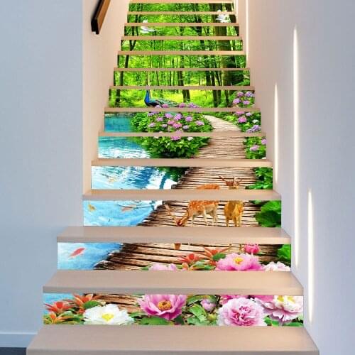 Forest Peacock White Sove Stairs Sticker Waterpoof Peel & Stick Vinyl Wall Sticker For House Decoration Stairway Decor 18X100cm