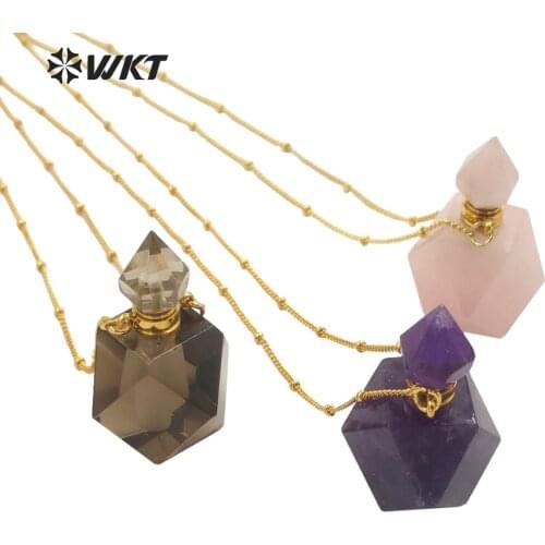 WT-N1286 Newest Fashion gold plated natural gemstone diamond cut stone perfume bottle pendant necklace Amethyst perfume bottle