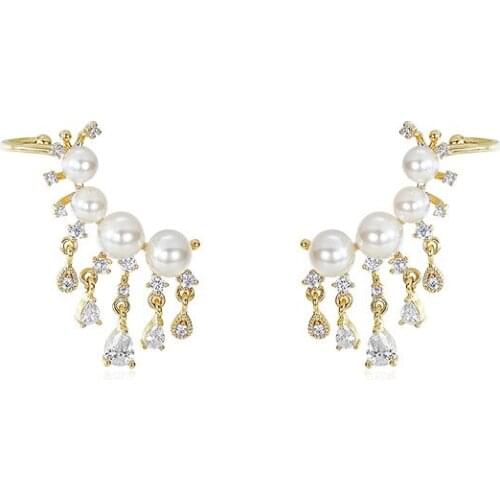 Origin Summer Trendy Imitation Pearl Tassel Earrings for Women Gold Color Metal Shiny Rhinestones Clip Earrings Wedding Jewelry