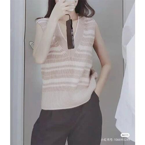 Women Vests 2021 Summer New Pink Striped Sleeveless V-Neck Outer Wear Loose Knit Base Womens Top