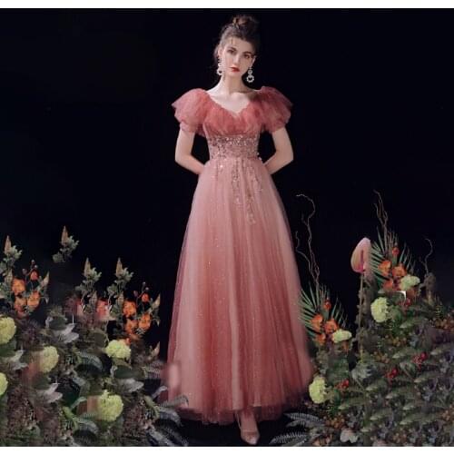 Sequins Deep V-Neck Appliques Evening Dress Empire Luxurious Ankle-Length Short Sleeves Lace Up Woman Formal Party Gowns A1370