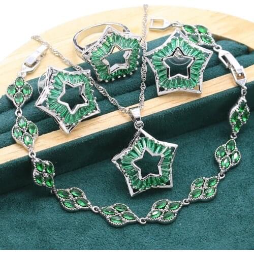 Star 925 Sterling Silver Jewelry Set for Women Green Topaz Bracelet Earrings Necklace Ring Exquisite Wedding Christmas Gift