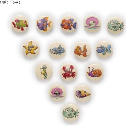 50pcs 2 Hole Marine life Round Wood Buttons Clothing Home Decor Sewing Scrapbooking Aquatic Creatures DIY 15mm