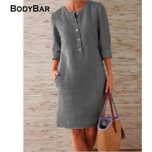 5XL Plus Size Casual Pure Color Dress For Lady Crew Neck Dress Cotton Linen Loose Oversize Button Dresses Long Sleeve Midi Dress