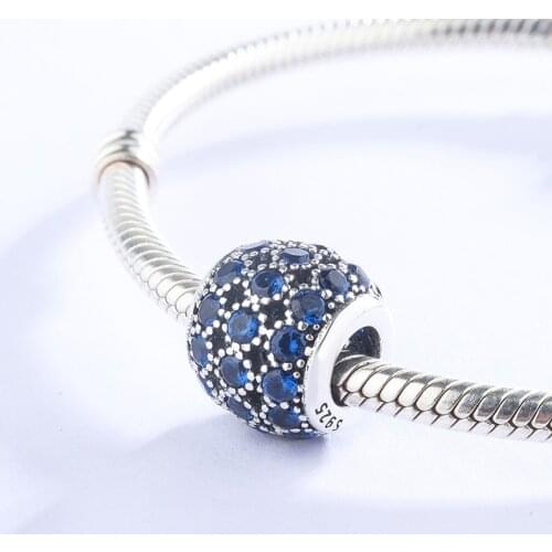 925 Sterling Silver CZ Blue Zircon Paved Round Beads Pendant Charm Bracelet DIY Jewelry Making For Original Pandora
