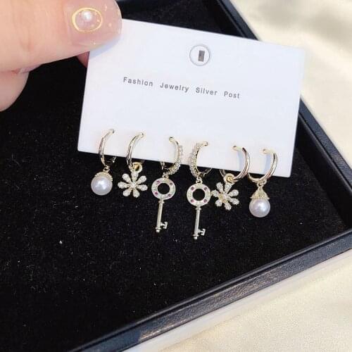 Dainty Pearl Key Flower Pendant Hoop Earrings Sets For Women Fashion Cubic Zircon 6-piece Earrings Set Jewelry S-E1120