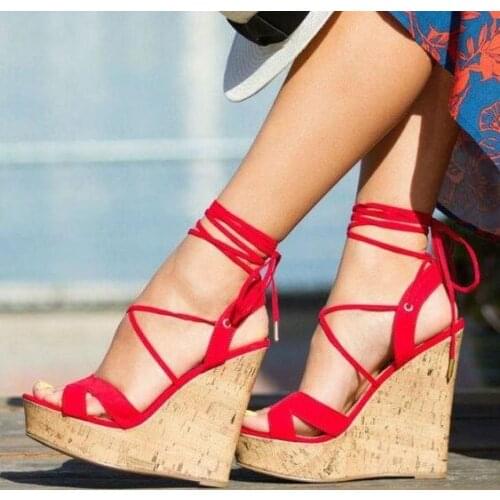 Summer Woman Sweet Red Cross Tied Platform Wedge Sandals Girls Cuts Out Lace Up High Heel Casual Sandals Shoes Drop Shipping